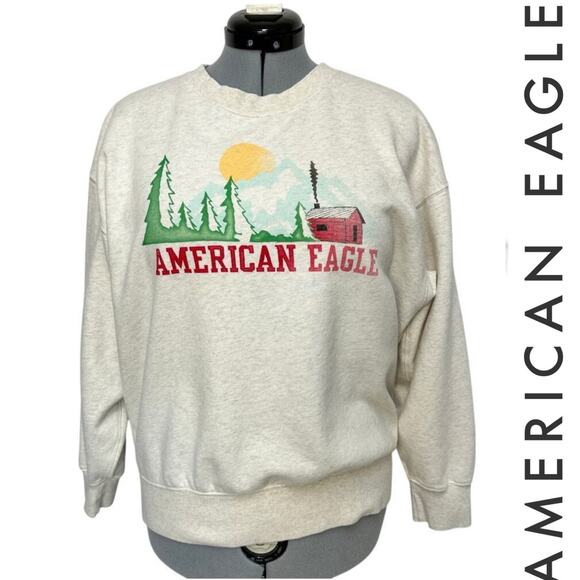 American Eagle Super Soft Crew Neck Sweatshirt Cabin Graphic Pullover Sz: M - Picture 1 of 8
